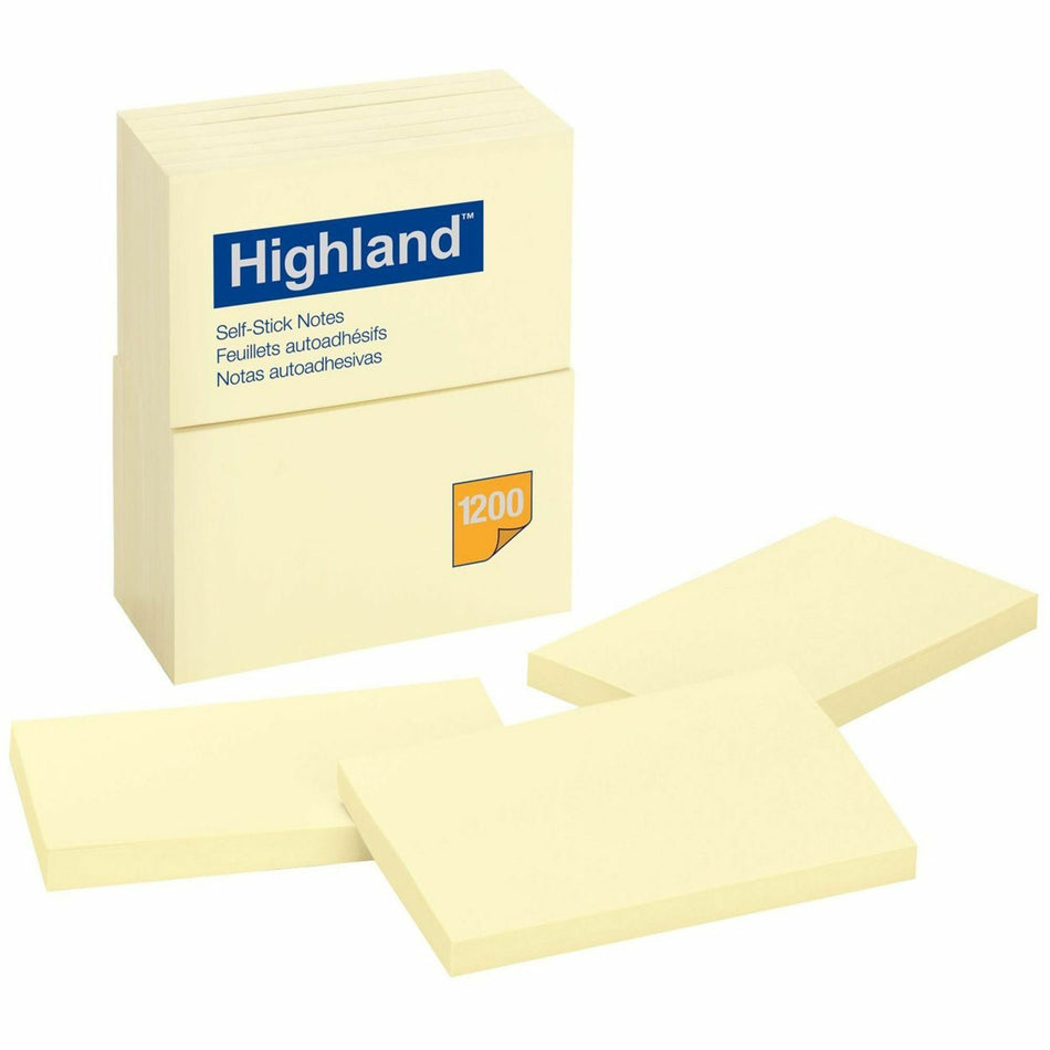 Highland Self-sticking Notepads - 1200 - 3" Flag/Note Width x 5" Flag/Note Length - Rectangle - 100 Sheets per Pad - Unruled - Yellow - Paper - Self-adhesive, Repositionable - 12 / Pack