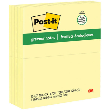 Post-it® Greener Notes - 1200 - 3" Flag/Note Width x 5" Flag/Note Length - Rectangle - 100 Sheets per Pad - Unruled - Canary Yellow - Paper - Self-adhesive, Repositionable - Recycled - 12 / Pack