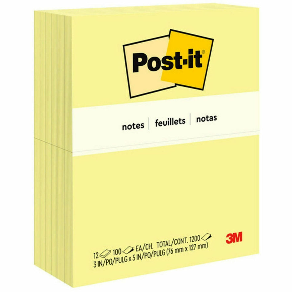 Post-it® Notes Original Notepads - 3" Flag/Note Width x 5" Flag/Note Length - Rectangle - 100 Sheets per Pad - Unruled - Canary Yellow - Paper - Self-adhesive, Repositionable - 12 / Pack