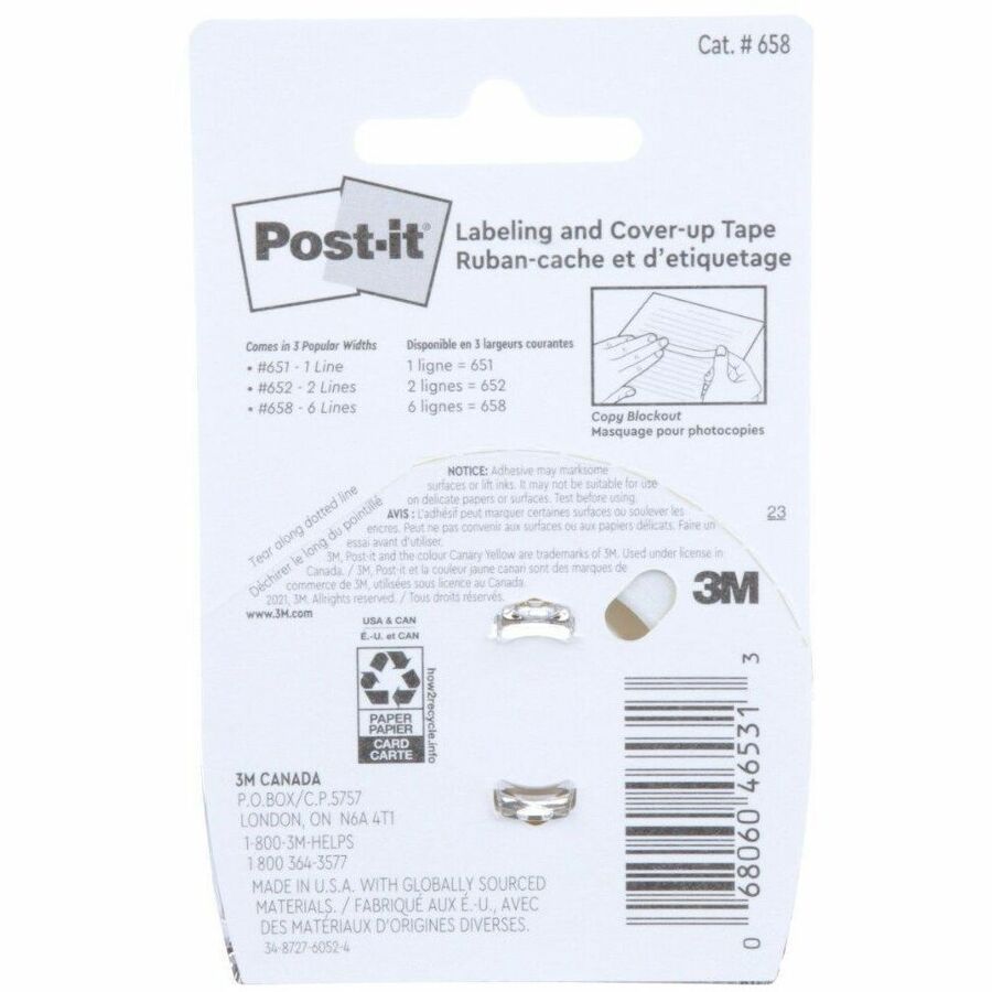 Post-it® Labeling & Cover-up Tape - 1" Tape Width x 58.33 ft Tape Length - 6 Line(s) - White Tape - Removable - Yellow - 1 Roll