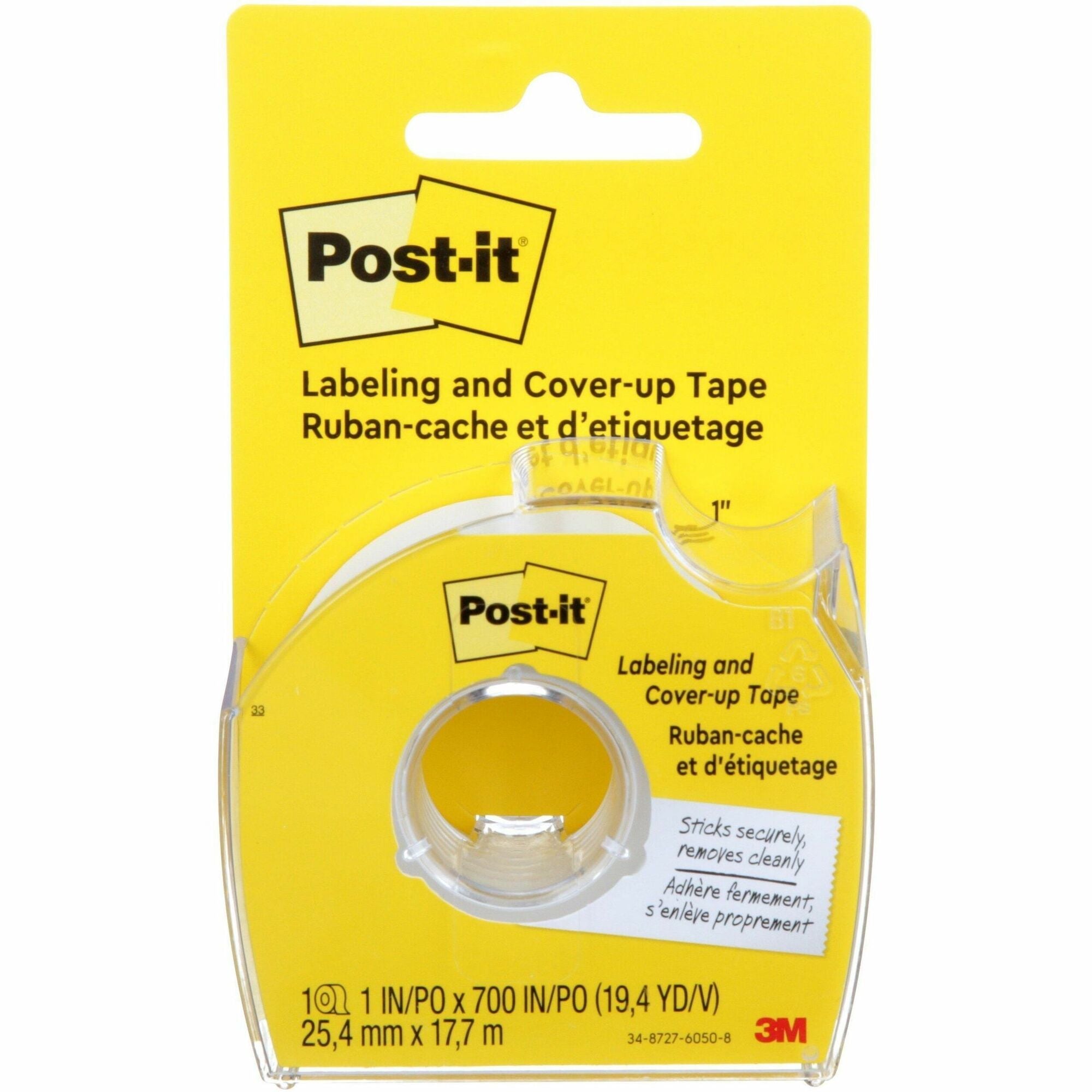 Post-it® Labeling & Cover-up Tape - 1" Tape Width x 58.33 ft Tape Length - 6 Line(s) - White Tape - Removable - Yellow - 1 Roll