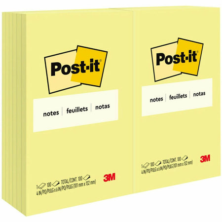 Post-it® Notes Original Notepads - 4" Flag/Note Width x 6" Flag/Note Length - Rectangle - 100 Sheets per Pad - Unruled - Canary Yellow - Paper - Self-adhesive, Repositionable - 12 / Pack