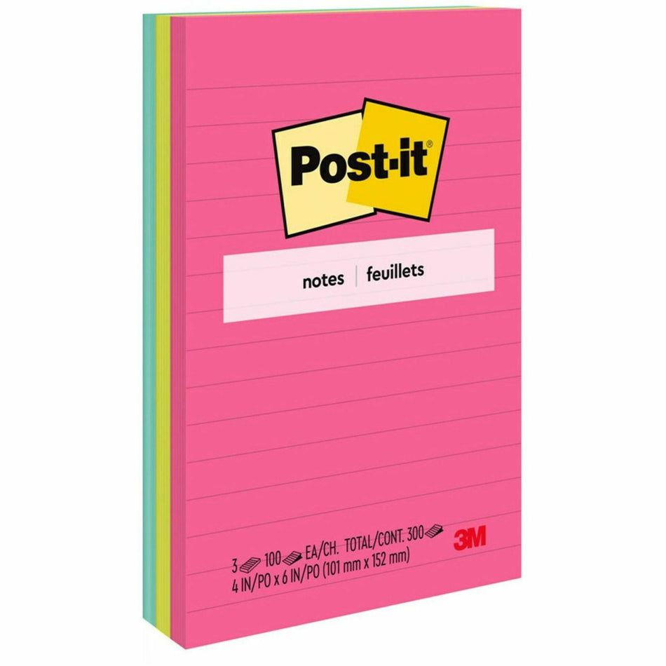 Post-it® Lined Notes - Poptimistic Color Collection - 300 - 4" Flag/Note Width x 6" Flag/Note Length - Rectangle - 100 Sheets per Pad - Ruled - Power Pink, Neon Green, Aqua - Paper - Self-adhesive, Repositionable - 3 / Pack