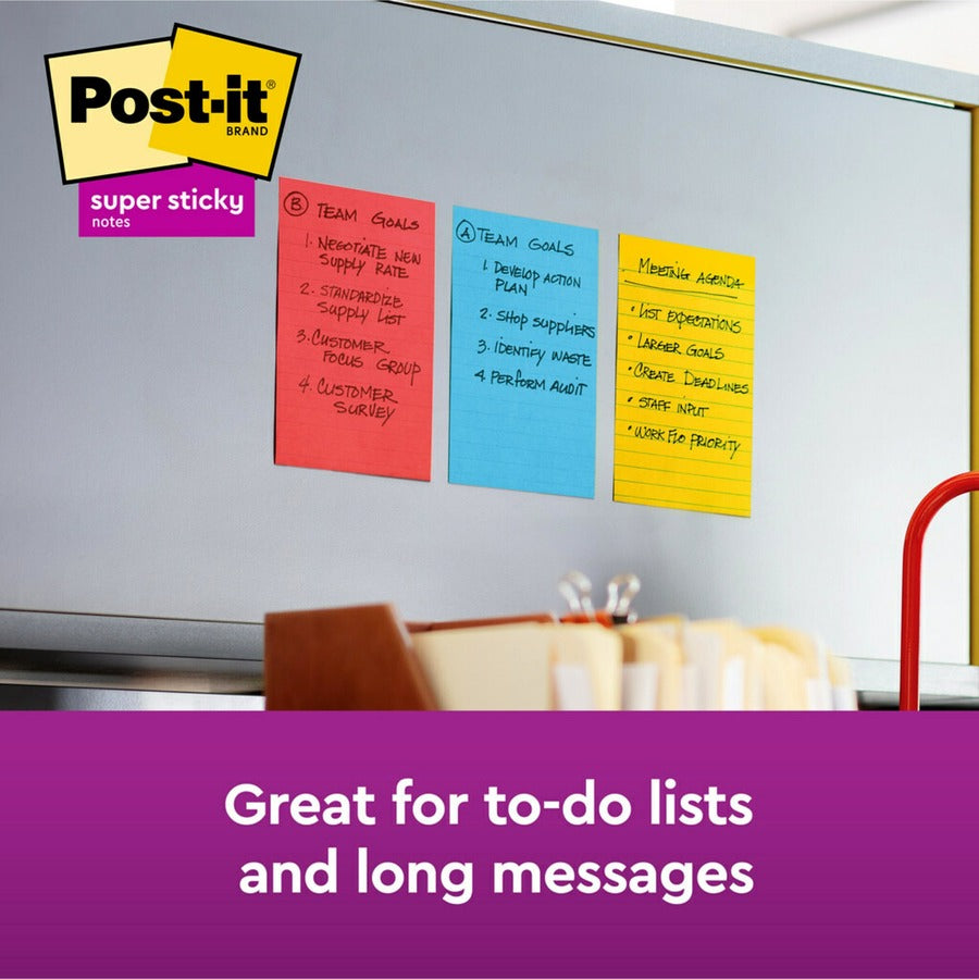 Post-it® Notes Original Lined Notepads -Playful Primaries Color Collection - 270 - 4" Flag/Note Width x 6" Flag/Note Length - Rectangle - 90 Sheets per Pad - Ruled - Candy Apple Red, Sunnyside, Blue Paradise - Paper - Self-adhesive - 3 / Pack