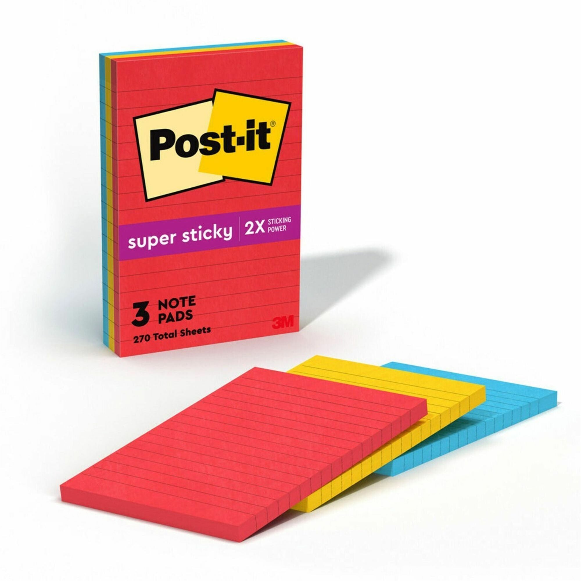 Post-it® Notes Original Lined Notepads -Playful Primaries Color Collection - 270 - 4" Flag/Note Width x 6" Flag/Note Length - Rectangle - 90 Sheets per Pad - Ruled - Candy Apple Red, Sunnyside, Blue Paradise - Paper - Self-adhesive - 3 / Pack