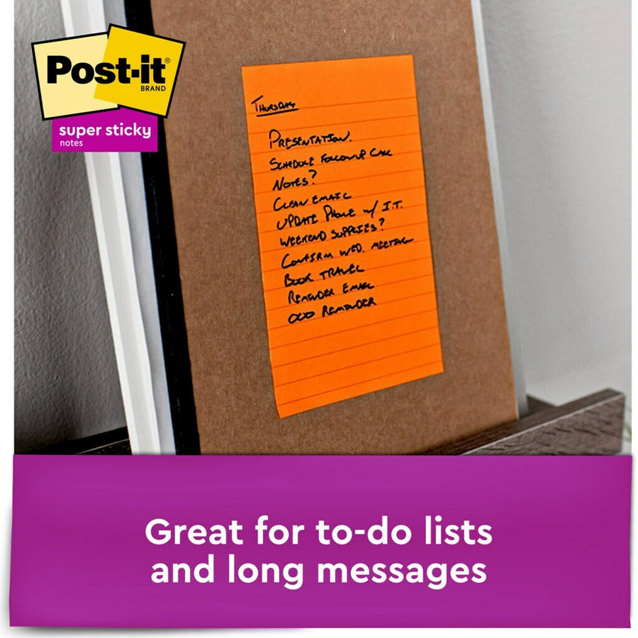 Post-it® Super Sticky Notes - Energy Boost Color Collection - 270 x Assorted - 4" Flag/Note Width x 6" Flag/Note Length - Rectangle - 90 Sheets per Pad - Ruled - Orange, Pink, Green - Paper - Self-adhesive, Recyclable - 3 / Pack