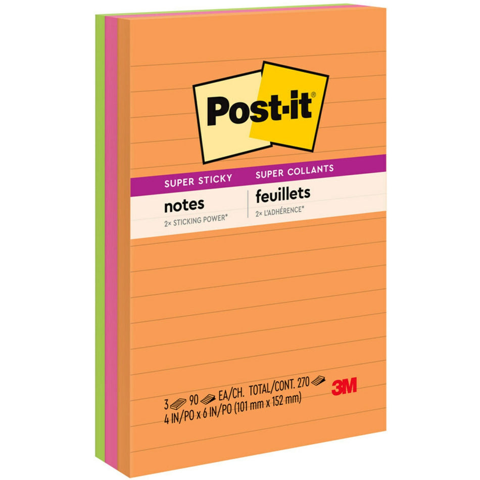 Post-it® Super Sticky Notes - Energy Boost Color Collection - 270 x Assorted - 4" Flag/Note Width x 6" Flag/Note Length - Rectangle - 90 Sheets per Pad - Ruled - Orange, Pink, Green - Paper - Self-adhesive, Recyclable - 3 / Pack