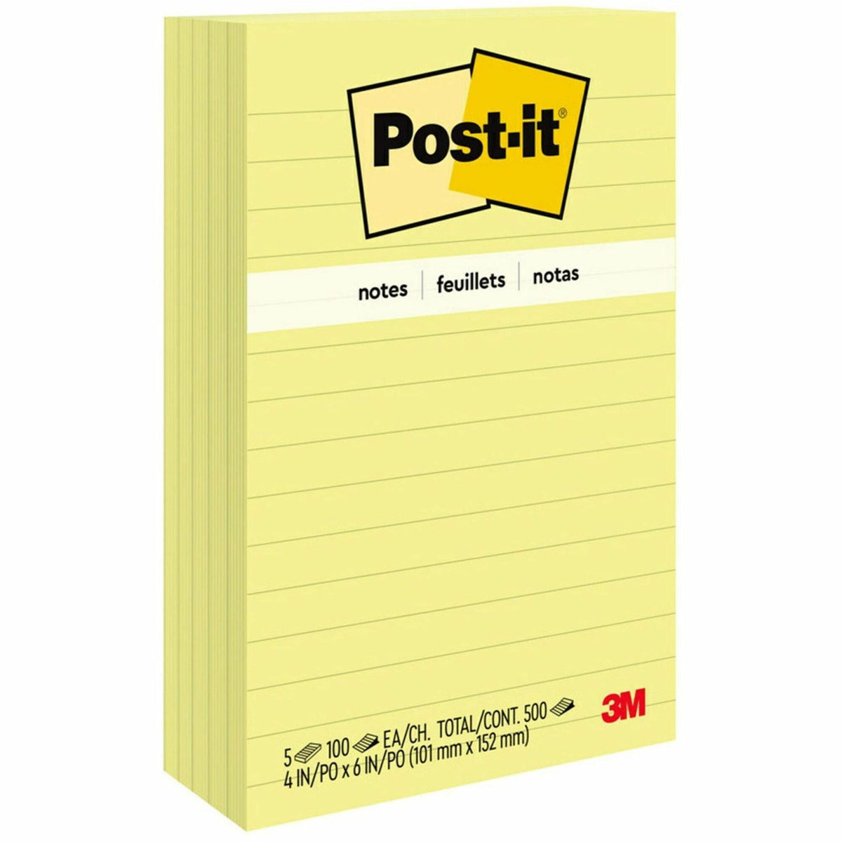 Post-it® Lined Notes - 500 - 4" Flag/Note Width x 6" Flag/Note Length - Rectangle - 100 Sheets per Pad - Ruled - Yellow - Paper - Self-adhesive, Repositionable - 5 / Pack