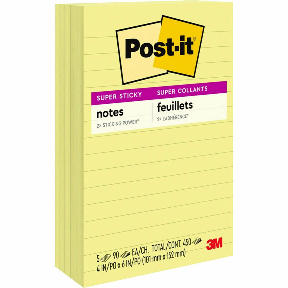 Post-it® Super Sticky Lined Notes - 450 - 4" Flag/Note Width x 6" Flag/Note Length - Rectangle - 90 Sheets per Pad - Ruled - Canary Yellow - Paper - Self-adhesive - 5 / Pack