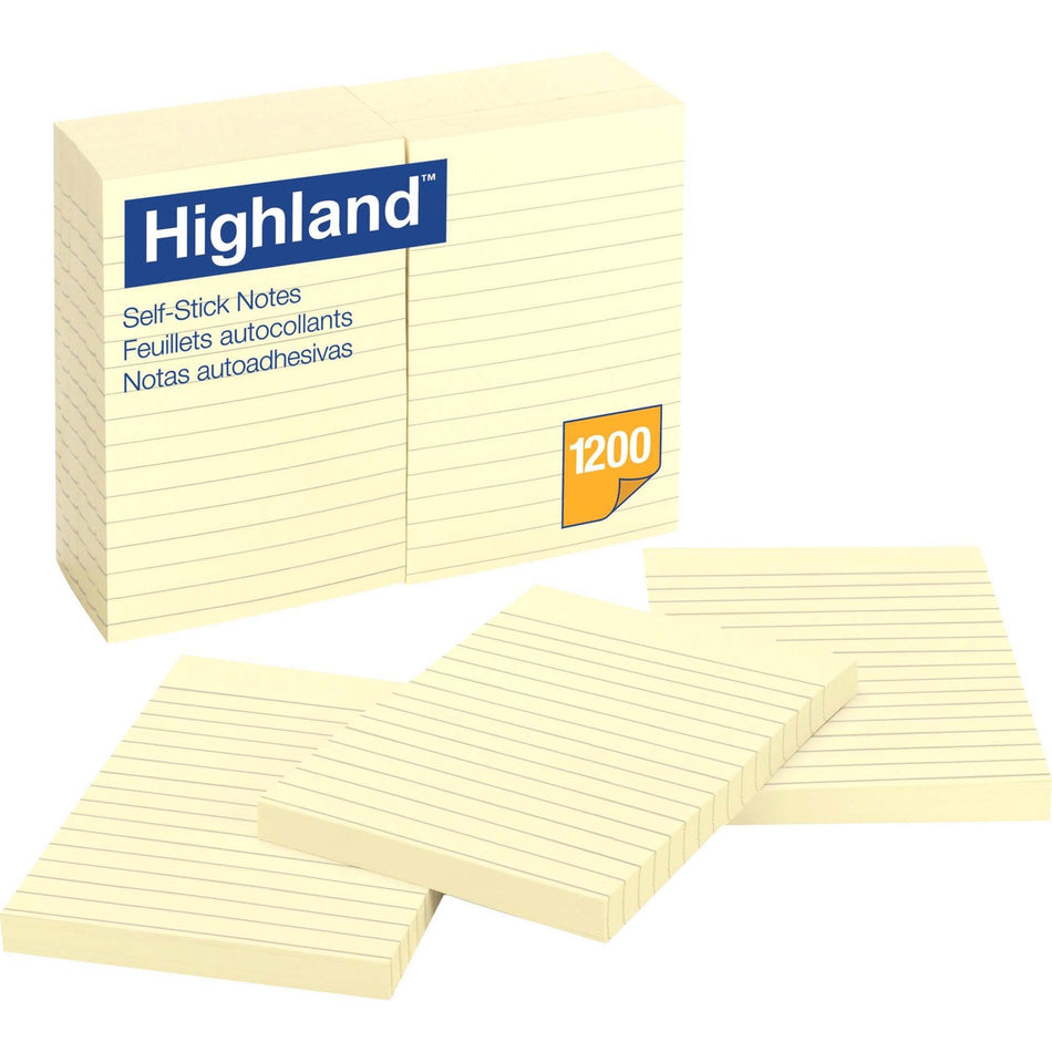 Highland Self-sticking Lined Notepads - 1200 - 4" Flag/Note Width x 6" Flag/Note Length - Rectangle - 100 Sheets per Pad - Ruled - Yellow - Paper - Self-adhesive - 12 / Pack