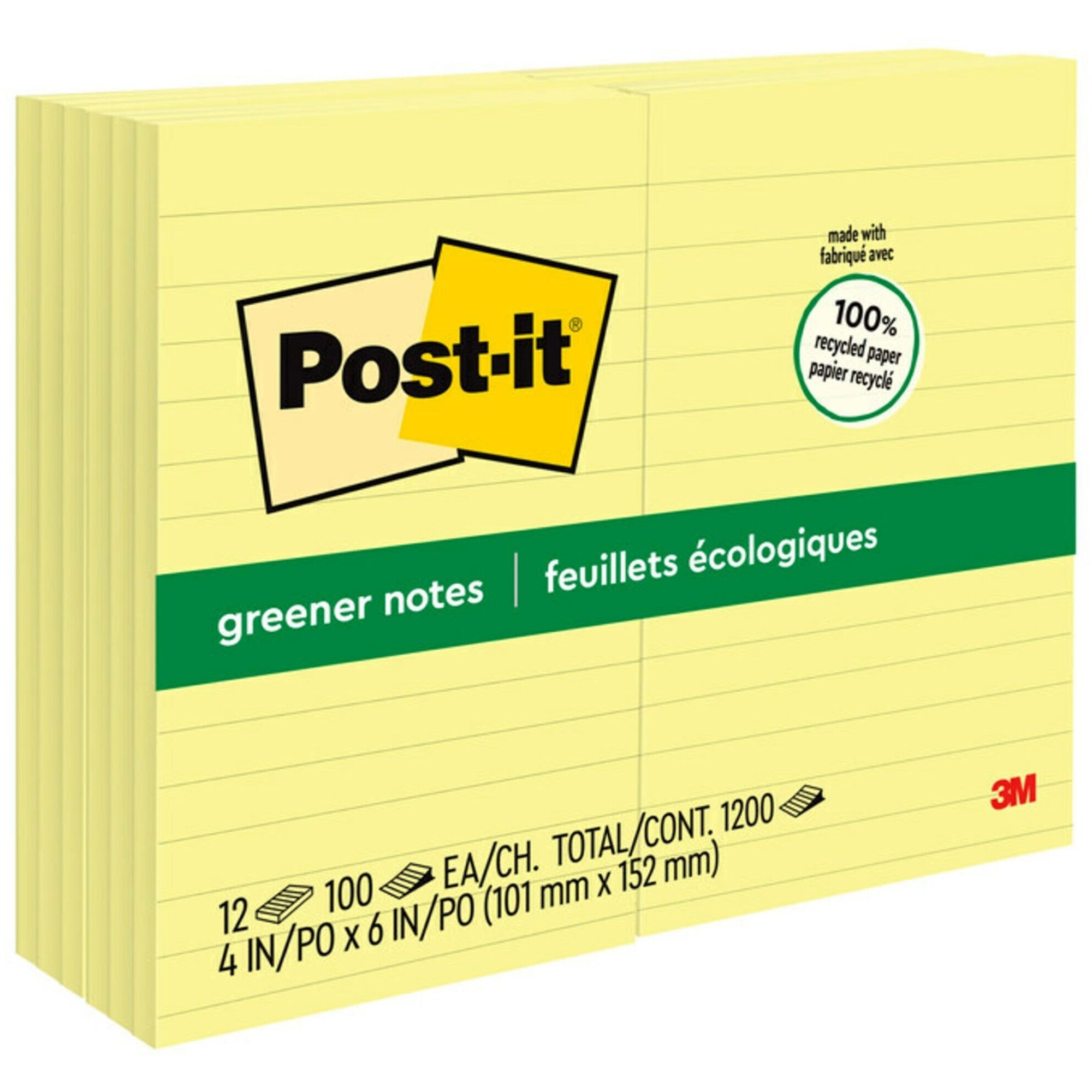 Post-it® Greener Notes - 1200 - 4" Flag/Note Width x 6" Flag/Note Length - Rectangle - 100 Sheets per Pad - Ruled - Canary Yellow - Paper - Self-adhesive, Repositionable - Recycled - 12 / Pack