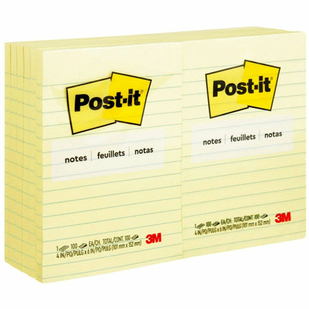 Post-it® Notes Original Lined Notepads - 100 - 4" Flag/Note Width x 6" Flag/Note Length - Rectangle - 100 Sheets per Pad - Ruled - Canary Yellow - Paper - Self-adhesive, Repositionable - 12 / Pack