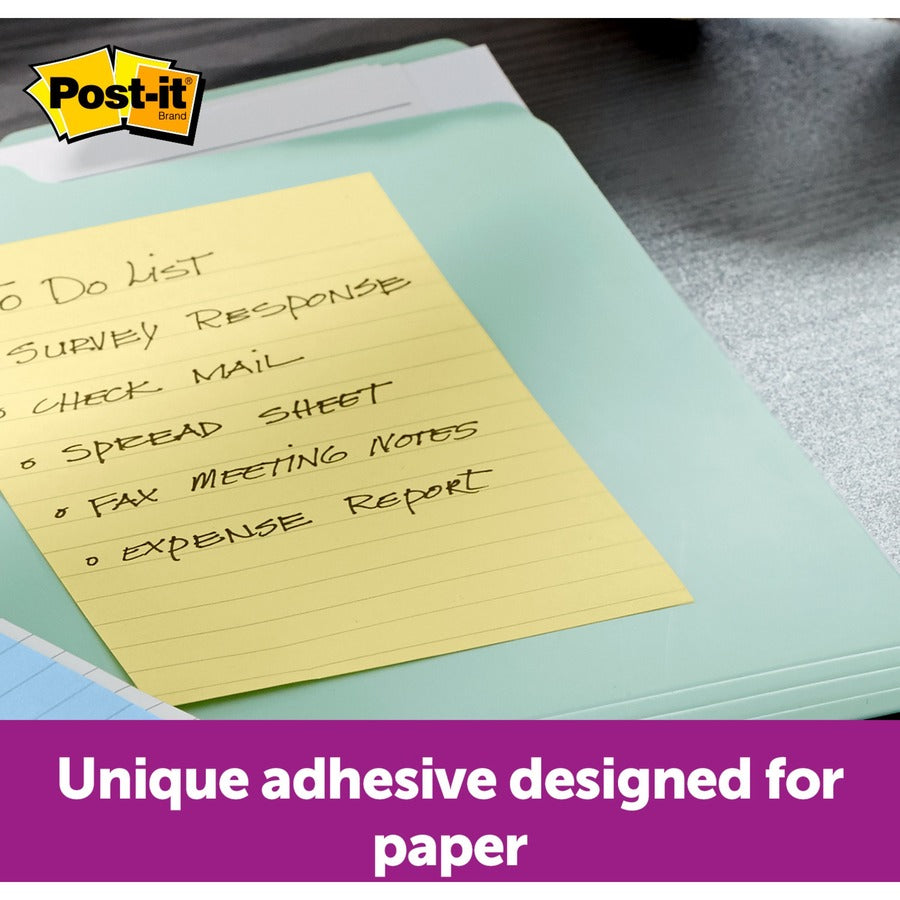 Post-it® Notes Original Lined Notepads - 100 - 4" Flag/Note Width x 6" Flag/Note Length - Rectangle - 100 Sheets per Pad - Ruled - Canary Yellow - Paper - Self-adhesive, Repositionable - 12 / Pack