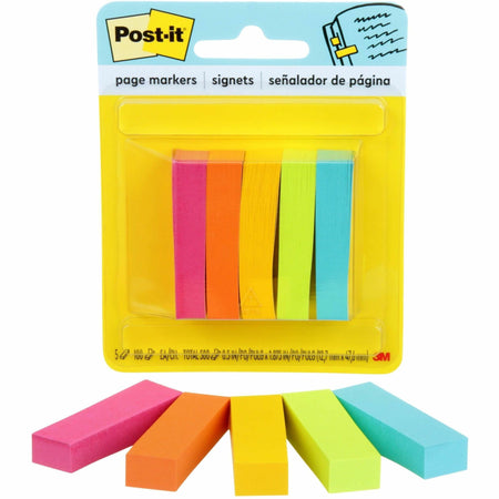 Post-it®  Page Markers - 1/2" Flag/Note Width x 2" Flag/Note Length - Rectangle - 100 Sheets per Pad - Unruled - Bright Assorted - Paper - Removable, Self-adhesive - 5 / Pack