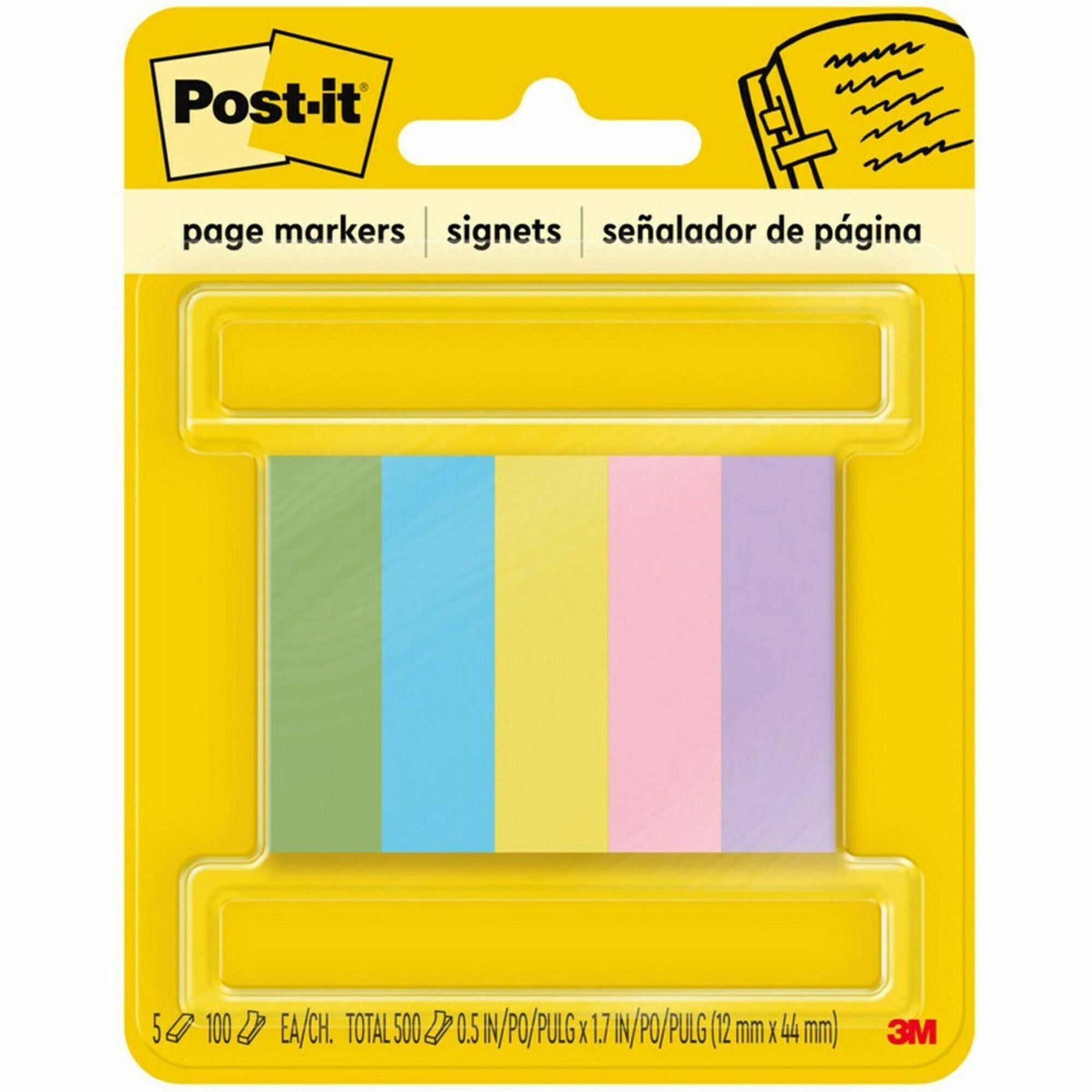 Post-it®  Page Markers - 100 - 1/2" Flag/Note Width x 2" Flag/Note Length - Rectangle - Unruled - Electric Blue, Yellow, Aqua Wave, Light Mulberry, Neon Green - Paper - Removable, Self-adhesive - 500 / Pack