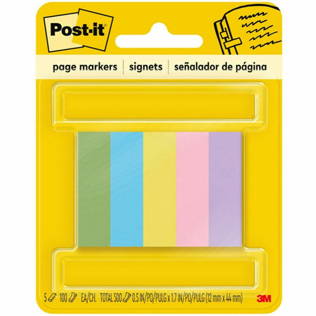 Post-it®  Page Markers - 100 - 1/2" Flag/Note Width x 2" Flag/Note Length - Rectangle - Unruled - Electric Blue, Yellow, Aqua Wave, Light Mulberry, Neon Green - Paper - Removable, Self-adhesive - 500 / Pack