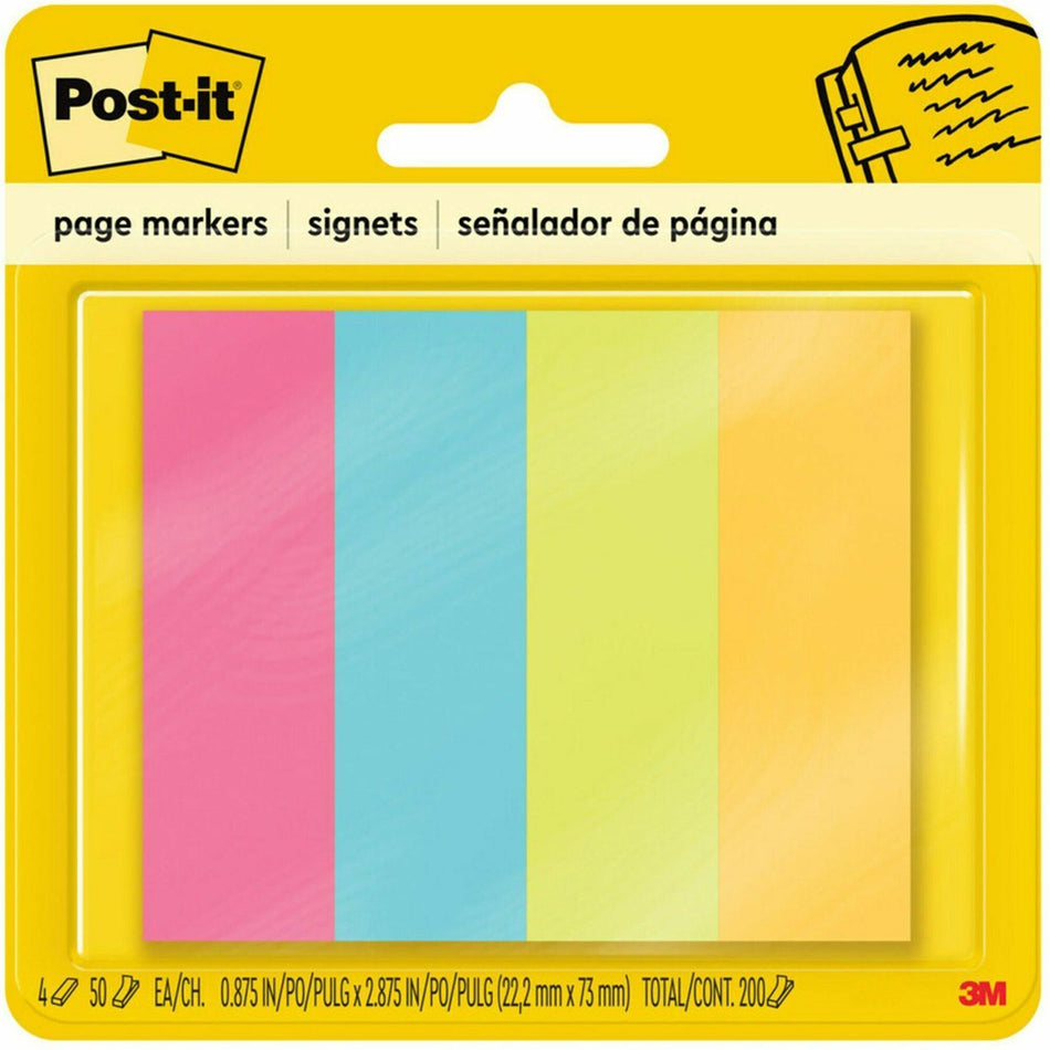 Post-it®  Page Markers - 1" Flag/Note Width x 3" Flag/Note Length - Rectangle - Assorted - Removable, Self-adhesive - 4 / Pack