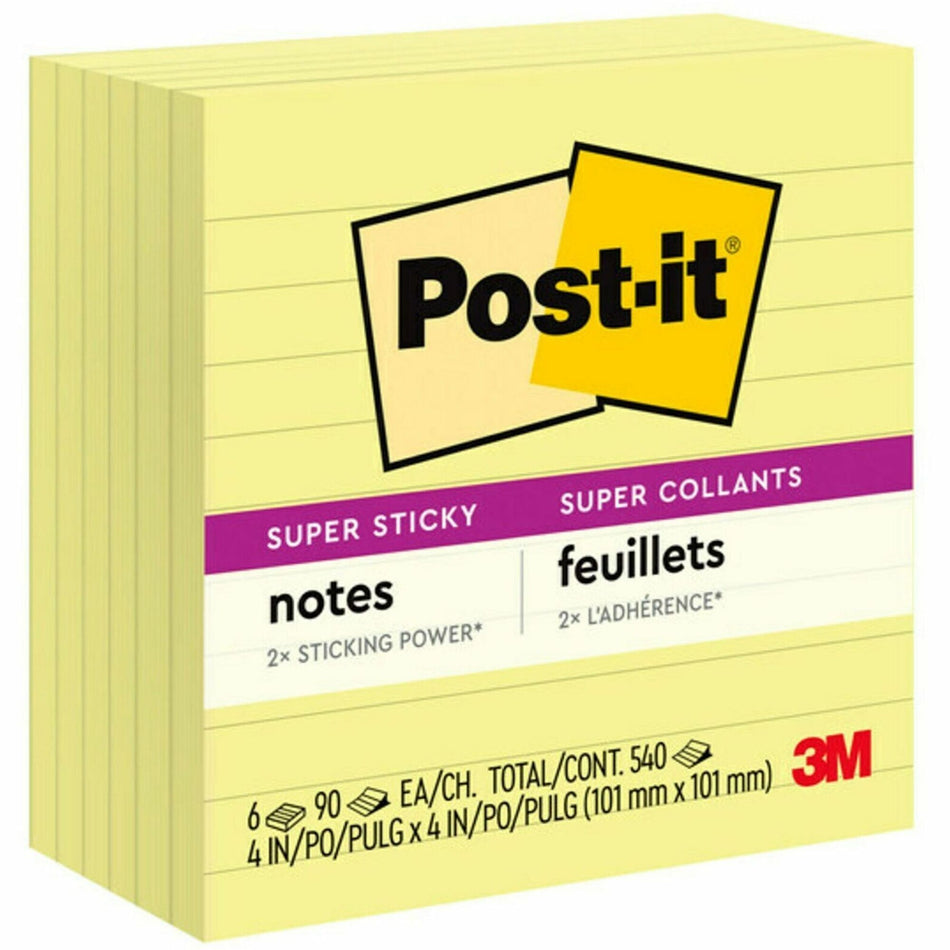 Post-it® Super Sticky Lined Notes - 540 - 4" Flag/Note Width x 4" Flag/Note Length - Square - 90 Sheets per Pad - Ruled - Canary Yellow - Paper - Self-adhesive - 6 / Pack
