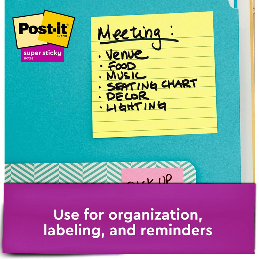 Post-it® Super Sticky Lined Notes - 540 - 4" Flag/Note Width x 4" Flag/Note Length - Square - 90 Sheets per Pad - Ruled - Canary Yellow - Paper - Self-adhesive - 6 / Pack