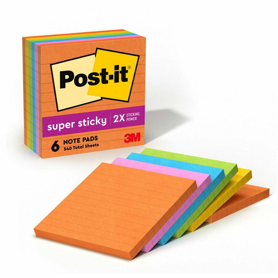 Post-it® Super Sticky Lined Notes - Energy Boost Color Collection - 540 - 4" Flag/Note Width x 4" Flag/Note Length - Square - 90 Sheets per Pad - Ruled - Vital Orange, Tropical Pink, Blue Paradise, Limeade, Sunnyside - Paper - Self-adhesive - 6 / Pack