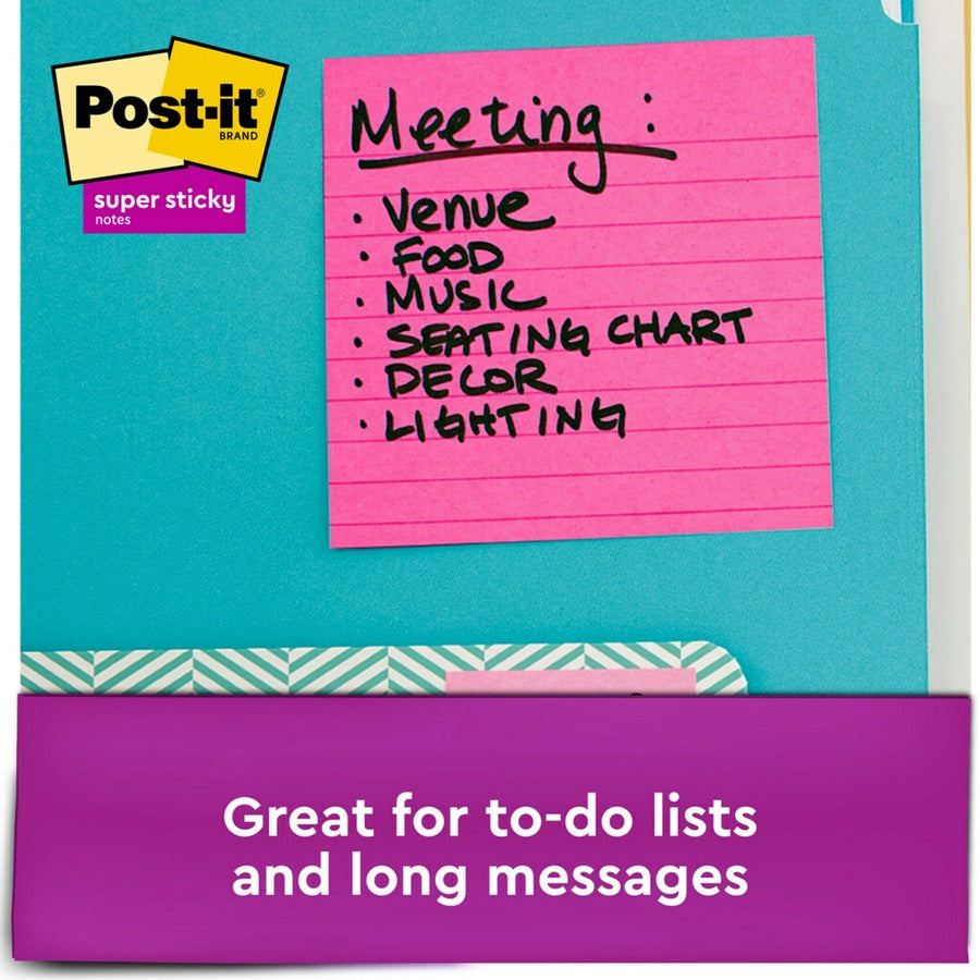 Post-it® Super Sticky Lined Notes - Energy Boost Color Collection - 540 - 4" Flag/Note Width x 4" Flag/Note Length - Square - 90 Sheets per Pad - Ruled - Vital Orange, Tropical Pink, Blue Paradise, Limeade, Sunnyside - Paper - Self-adhesive - 6 / Pack