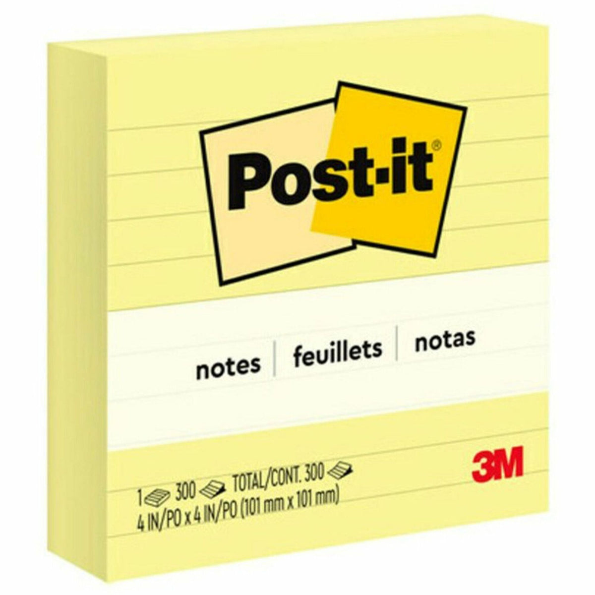 Post-it® Lined Notes - 300 - 4" Flag/Note Width x 4" Flag/Note Length - Square - 300 Sheets per Pad - Ruled - Canary Yellow - Paper - Recyclable - 1 Pad