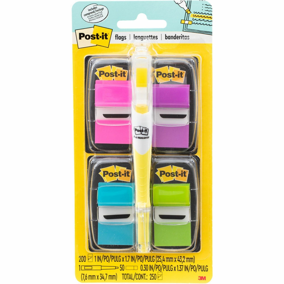 Post-it®  Flags Value Pack - 200 - 1" Flag/Note Width x 1 3/4" Flag/Note Length - Rectangle, Arrow - Unruled - Aqua, Yellow, Green, Purple, Pink, Blue - Self-adhesive, Removable - Dispenser Included - 200 / Pack
