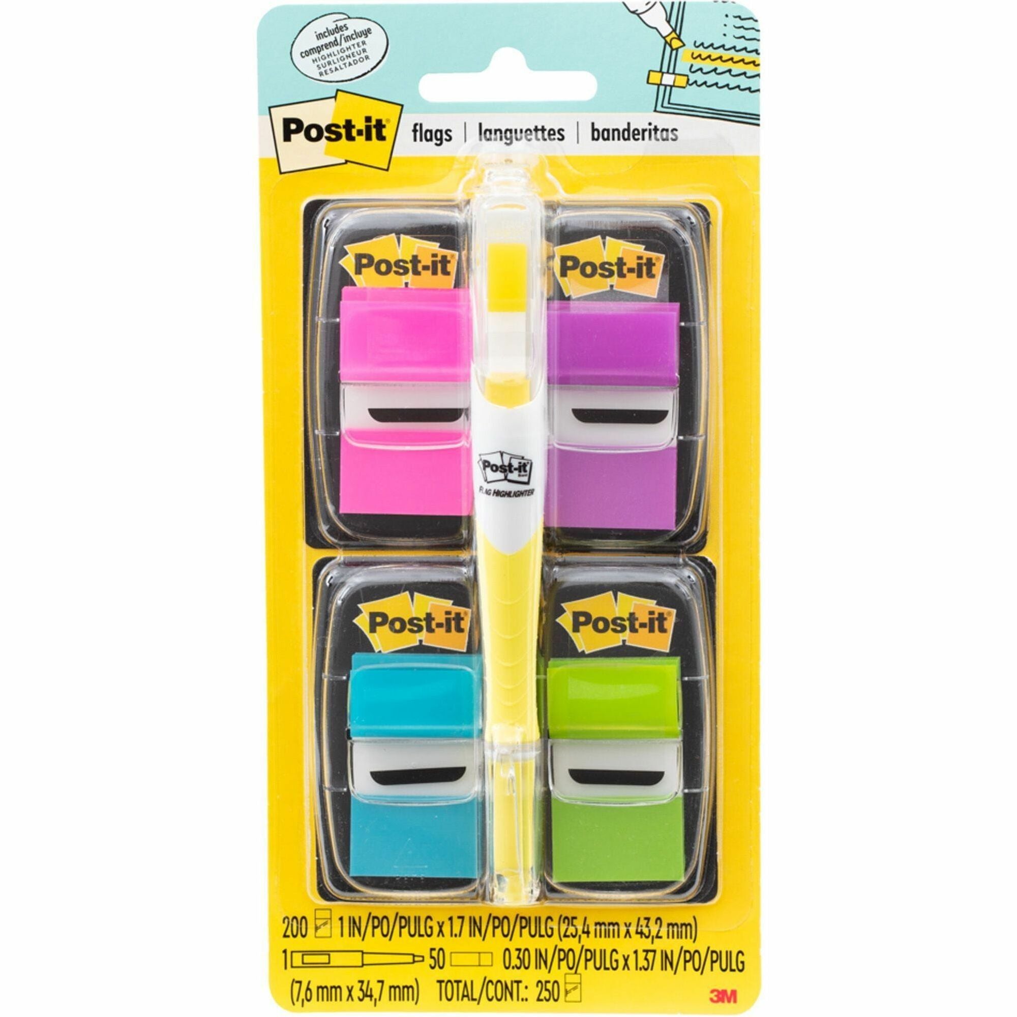 Post-it®  Flags Value Pack - 200 - 1" Flag/Note Width x 1 3/4" Flag/Note Length - Rectangle, Arrow - Unruled - Aqua, Yellow, Green, Purple, Pink, Blue - Self-adhesive, Removable - Dispenser Included - 200 / Pack