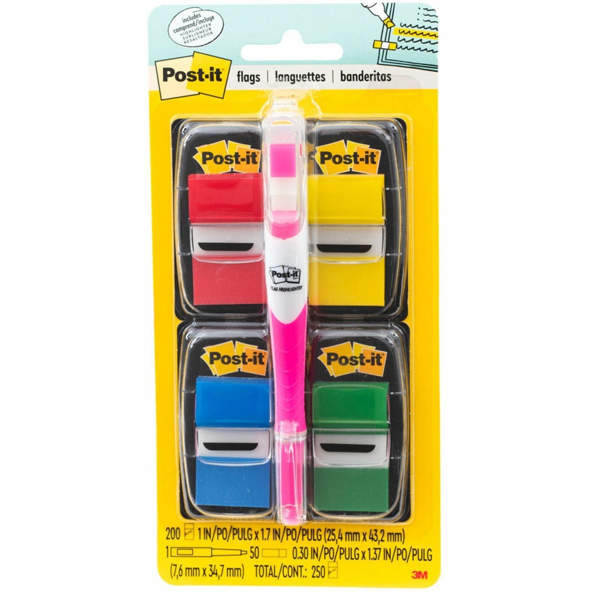 Post-it®  Flags Value Pack - 200 - 1" Flag/Note Width x 1 3/4" Flag/Note Length - Rectangle - Unruled - Red, Green, Yellow, Blue, Assorted - Self-adhesive, Removable - Dispenser Included - 250 / Pack