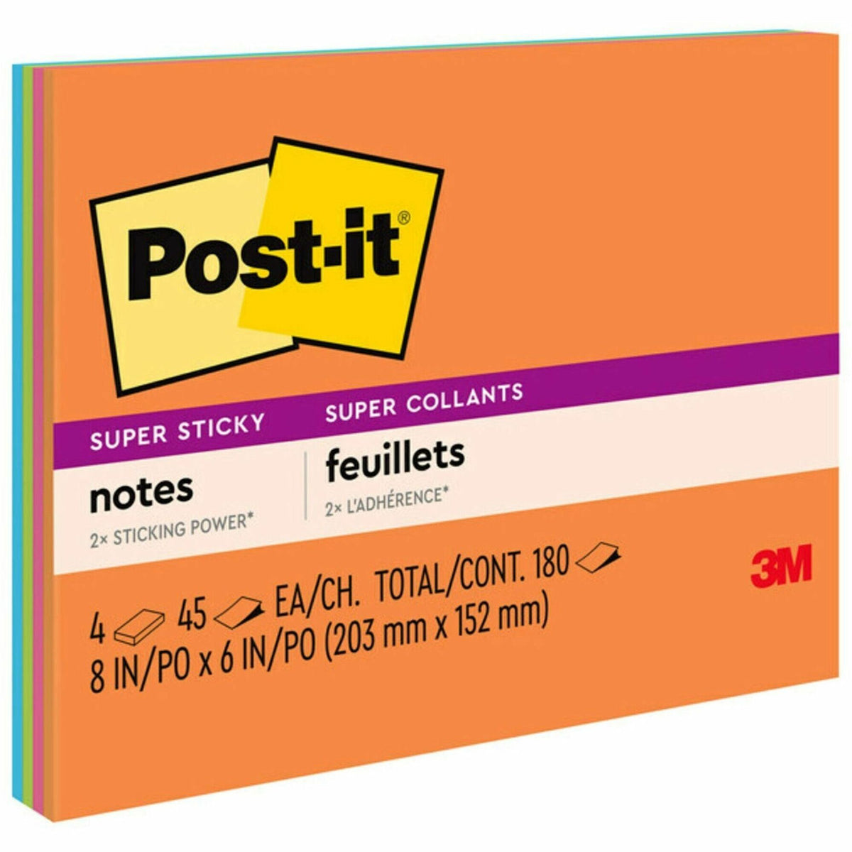 Post-it® Super Sticky Notes - Energy Boost Color Collection - 180 - 6" Flag/Note Width x 8" Flag/Note Length - Rectangle - 45 Sheets per Pad - Unruled - Vital Orange, Tropical Pink, Limeade, Blue Paradise - Paper Fibre - Self-adhesive - 4 / Pack