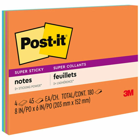 Post-it® Super Sticky Notes - Energy Boost Color Collection - 180 - 6" Flag/Note Width x 8" Flag/Note Length - Rectangle - 45 Sheets per Pad - Unruled - Vital Orange, Tropical Pink, Limeade, Blue Paradise - Paper Fibre - Self-adhesive - 4 / Pack