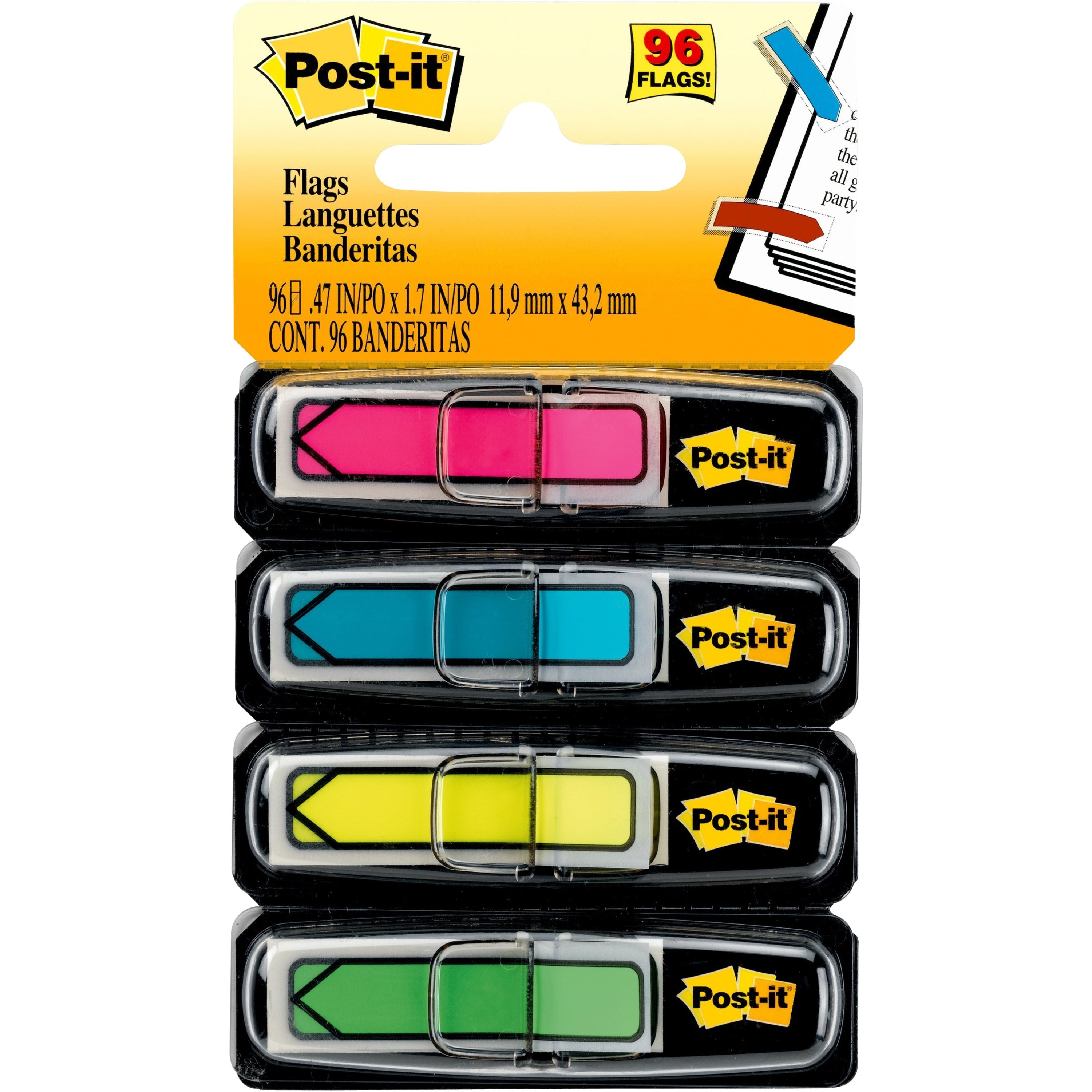 Post-it®  Arrow Flags - 24 x Pink, 24 x Blue, 24 x Yellow, 24 x Green - 1/2" Flag/Note Width x 1 3/4" Flag/Note Length - Arrow, Rectangle - Unruled - Pink, Green, Blue, Yellow, Aqua - Removable, Self-adhesive - Dispenser Included - 96 / Pack