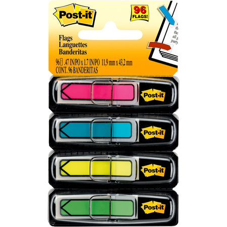 Post-it®  Arrow Flags - 24 x Pink, 24 x Blue, 24 x Yellow, 24 x Green - 1/2" Flag/Note Width x 1 3/4" Flag/Note Length - Arrow, Rectangle - Unruled - Pink, Green, Blue, Yellow, Aqua - Removable, Self-adhesive - Dispenser Included - 96 / Pack