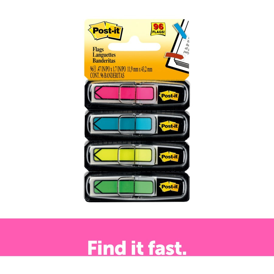 Post-it®  Arrow Flags - 24 x Pink, 24 x Blue, 24 x Yellow, 24 x Green - 1/2" Flag/Note Width x 1 3/4" Flag/Note Length - Arrow, Rectangle - Unruled - Pink, Green, Blue, Yellow, Aqua - Removable, Self-adhesive - Dispenser Included - 96 / Pack