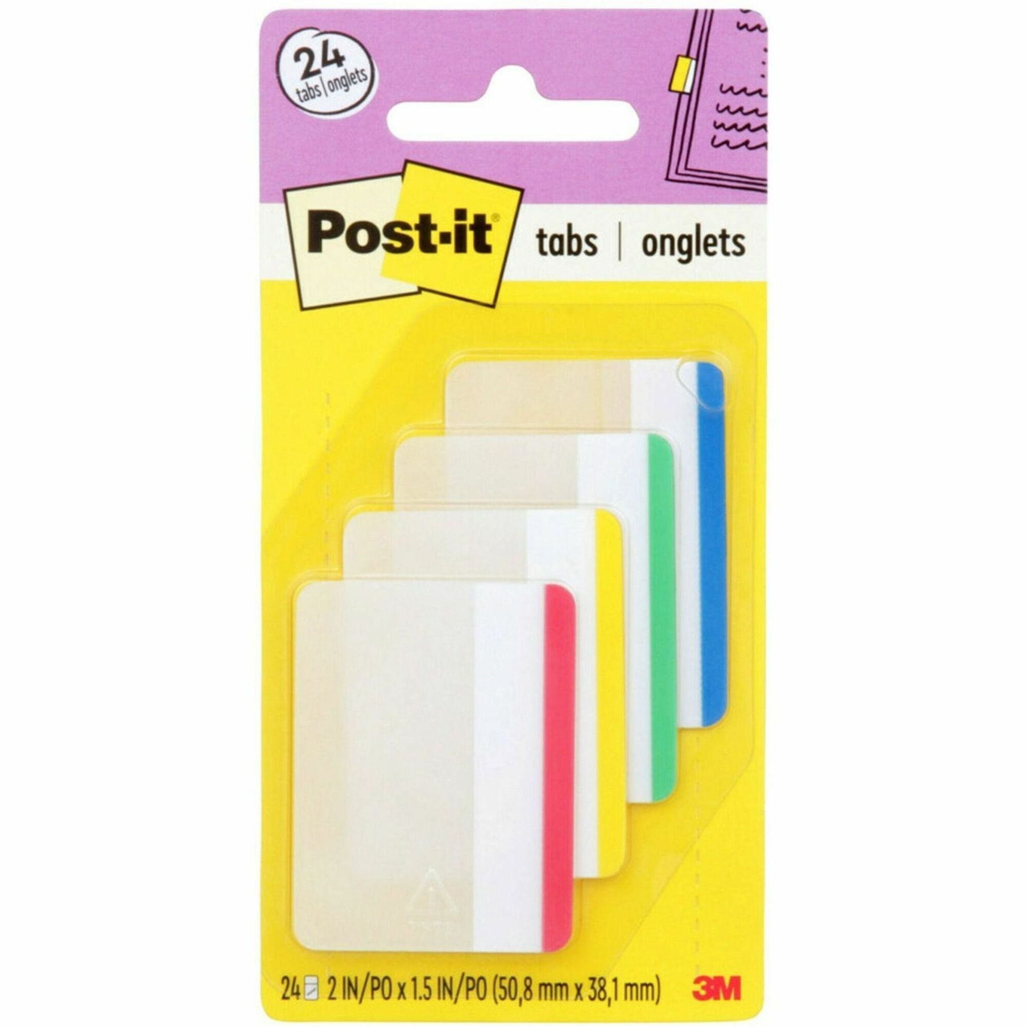 Post-it®  Durable Tabs - Write-on Tab(s) - 1.50" Tab Height x 2" Tab Width - Removable - Blue, Red, Green, Yellow Tab(s) - Insertable, Durable, Repositionable, Flexible, Writable, Wear Resistant, Tear Resistant, Removable, Reusable - 24 / Pack