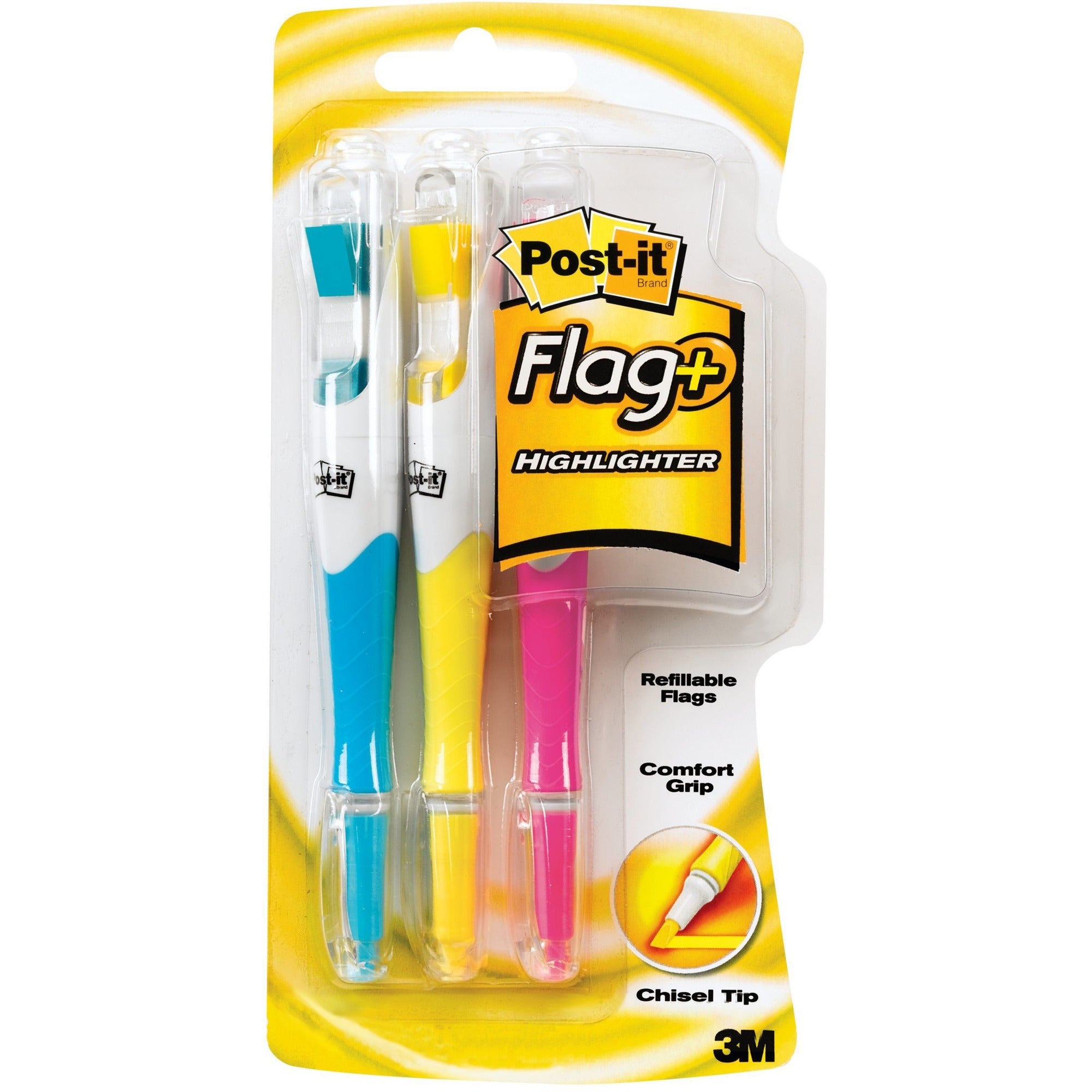 Post-it®Flag+ Highlighter - Yellow, Pink, Blue Ink - Yellow, Pink, Blue Barrel - 3 / Pack