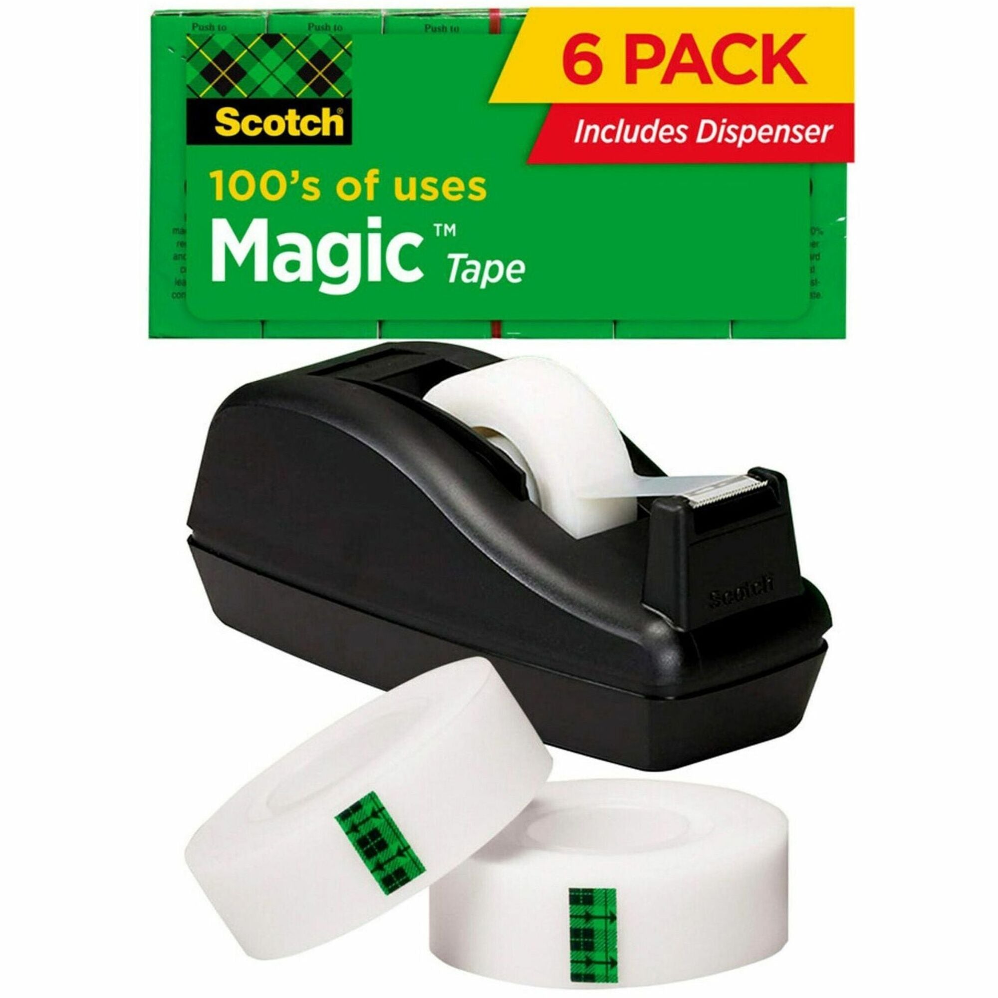 Scotch 3/4"W Magic Tape - 27.78 yd Length x 0.75" Width - 1" Core - Matte - Clear - Dispenser Included - Desktop Dispenser - Split Resistant, Tear Resistant - For Mending, Splicing - 6 / Pack