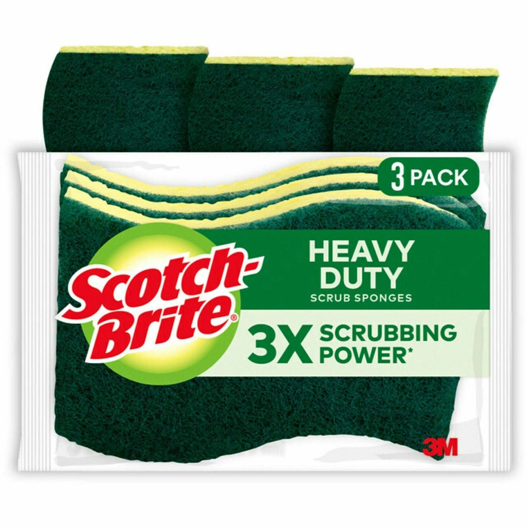 Scotch-Brite Heavy-Duty Scrub Sponges - 2.8" Height x 4.5" Width x 4.5" Length x 590 mil Thickness - 3 / Pack - Yellow, Green