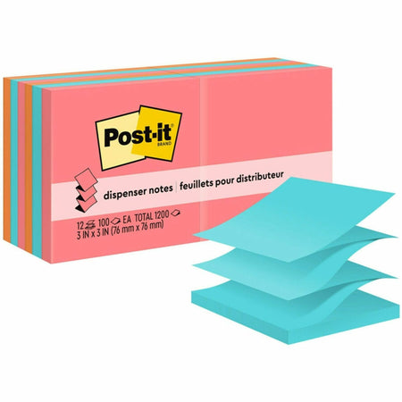 Post-it® Dispenser Notes - 1200 - 3" Flag/Note Width x 3" Flag/Note Length - Square - 100 Sheets per Pad - Unruled - Guava, Aqua Splash, Vital Orange - Paper - Pop-up, Self-adhesive, Repositionable - 12 / Pack