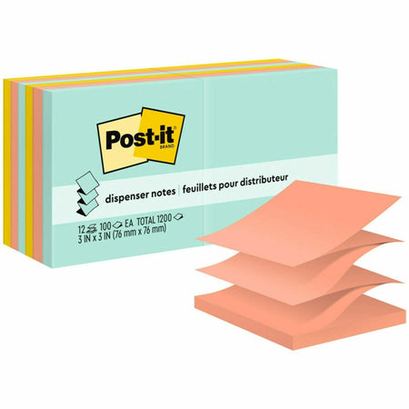 Post-it® Dispenser Notes - 1200 - 3" Flag/Note Width x 3" Flag/Note Length - Square - 100 Sheets per Pad - Unruled - Fresh Mint, Aqua Splash, Sunnyside, Papaya Fizz, Guava - Paper - Pop-up, Self-adhesive, Repositionable - 12 / Pack