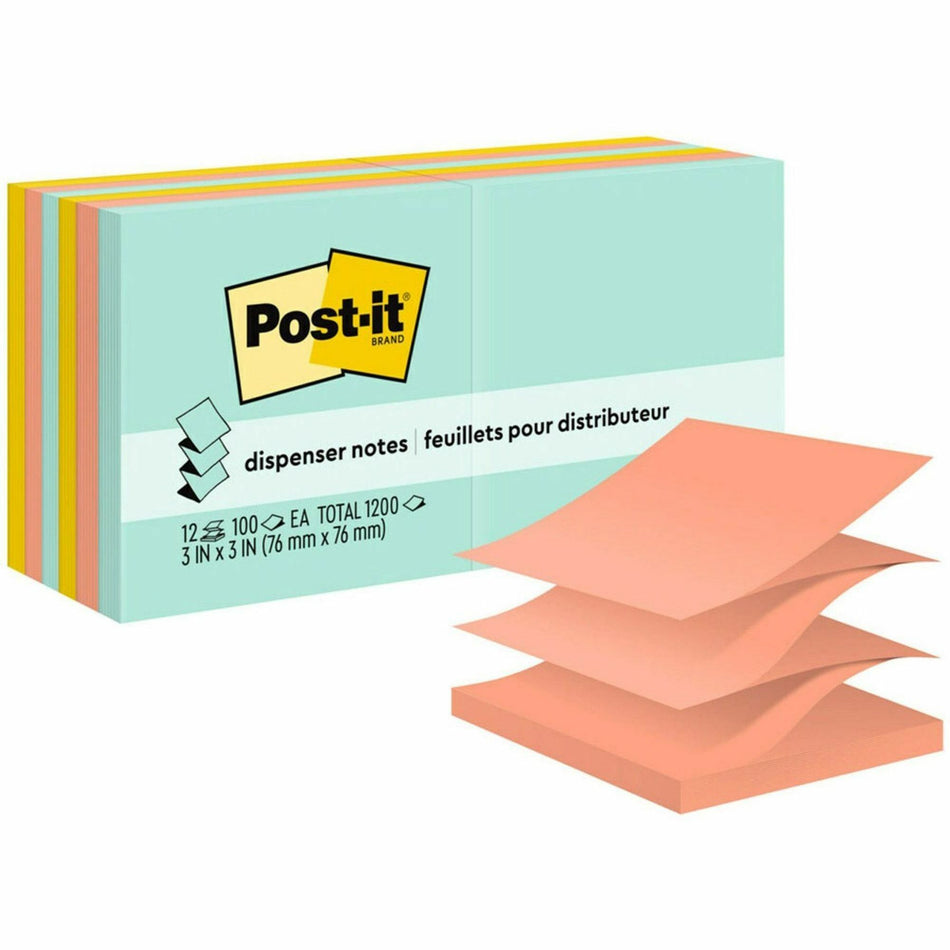 Post-it® Dispenser Notes - 1200 - 3" Flag/Note Width x 3" Flag/Note Length - Square - 100 Sheets per Pad - Unruled - Fresh Mint, Aqua Splash, Sunnyside, Papaya Fizz, Guava - Paper - Pop-up, Self-adhesive, Repositionable - 12 / Pack