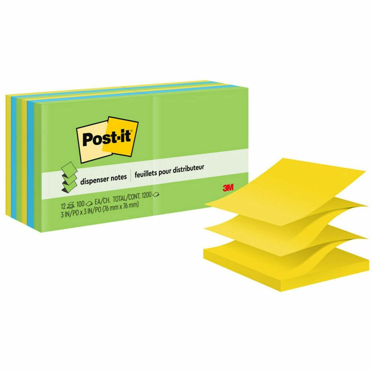 Post-it® Dispenser Notes - 1200 - 3" Flag/Note Width x 3" Flag/Note Length - Square - 100 Sheets per Pad - Unruled - Limeade, Citron, Blue Paradise - Paper - Pop-up, Refillable, Self-adhesive, Repositionable - 12 / Pack