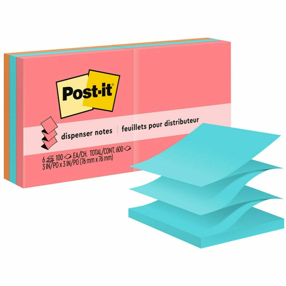 Post-it® Pop-up Adhesive Note - 600 - 3" Flag/Note Width x 3" Flag/Note Length - Square - 100 Sheets per Pad - Unruled - Electric Blue, Limeade, Neon Orange, Neon Pink, Concord - Paper - Pop-up, Self-adhesive, Repositionable - Recycled - 6 / Pack