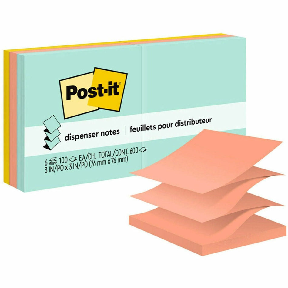 Post-it® Dispenser Notes - 600 - 3" Flag/Note Width x 3" Flag/Note Length - Square - 100 Sheets per Pad - Unruled - Green, Pink, Yellow - Paper - Pop-up, Self-adhesive, Repositionable - 6 / Pack