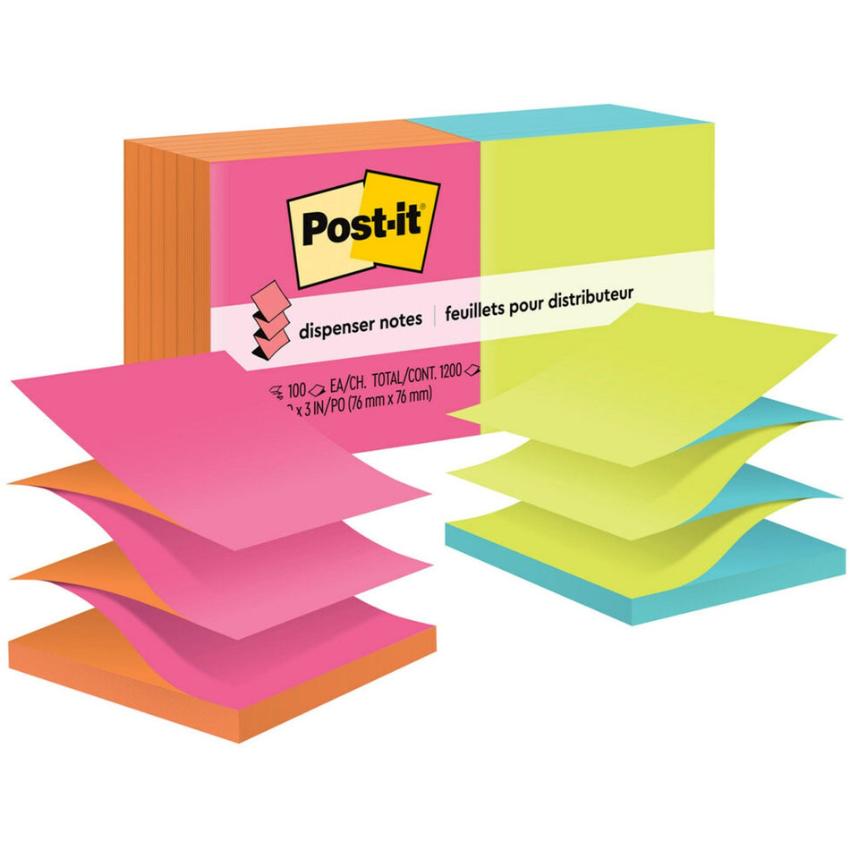 Post-it® Dispenser Notes - 1200 - 3" Flag/Note Width x 3" Flag/Note Length - Square - 100 Sheets per Pad - Unruled - Power Pink, Vital Orange, Acid Lime, Aqua Splash - Paper - Refillable, Pop-up, Self-adhesive, Repositionable - 12 / Pack