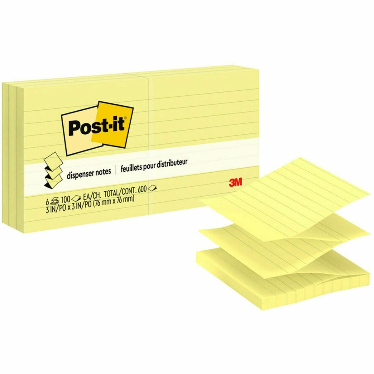 Post-it® Dispenser Notes - 600 - 3" Flag/Note Width x 3" Flag/Note Length - Square - 100 Sheets per Pad - Ruled - Yellow - Paper - Pop-up, Fanfold, Refillable - 6 / Pack