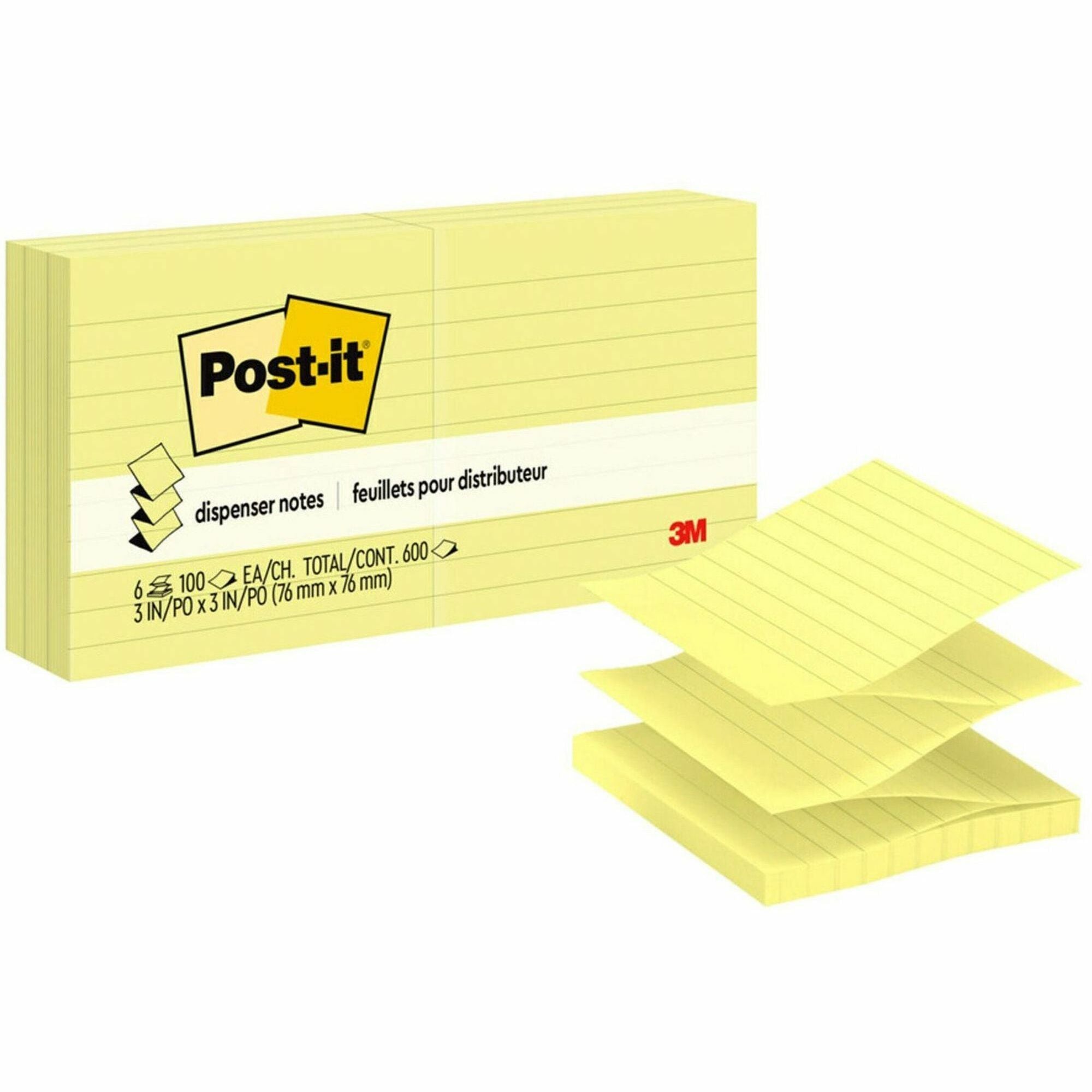 Post-it® Dispenser Notes - 600 - 3" Flag/Note Width x 3" Flag/Note Length - Square - 100 Sheets per Pad - Ruled - Yellow - Paper - Pop-up, Fanfold, Refillable - 6 / Pack