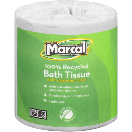 Marcal 100% Recycled, Soft & Absorbent Bathroom Tissue - 2 Ply - 336 Sheets/Roll - White - 48 / Carton