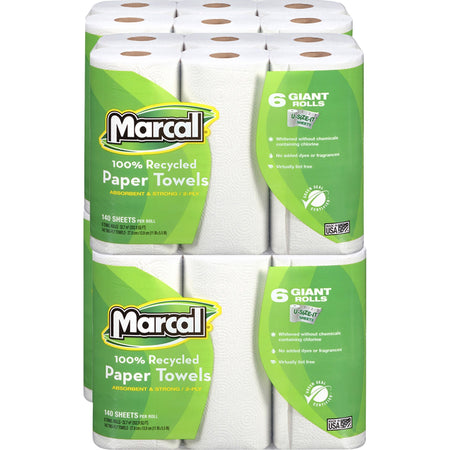 Marcal 100% Recycled, Giant Roll Paper Towels - 2 Ply - 140 Sheets/Roll - WhitePack - 6/Pack - 4 / Carton