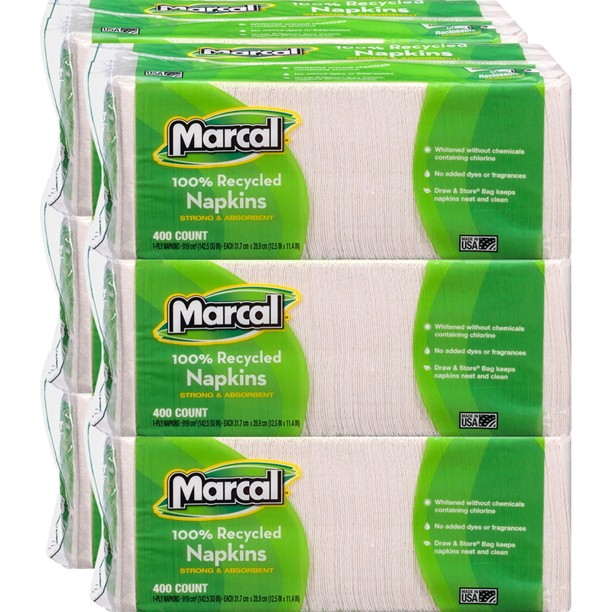 Marcal 100% Recycled Luncheon Napkins - 1 Ply - 12.50" Width x 11.40" Length - White - Paper - 400/Pack - 6 / Carton